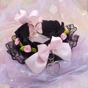 Flower Black Lace Kitten Play Collar with Pink Bow & Heart Pendant, Pastel Goth Choker, DDLG Pet Play Kawaii Neko