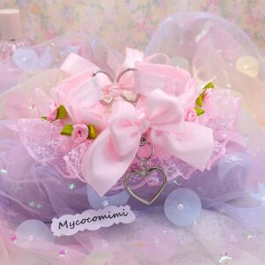 Flower Lace Kitten Play Collar with Pink Bow & Heart Pendant, Pastel Soft Goth Choker, DDLG Pet Play Kawaii Neko Jewelry