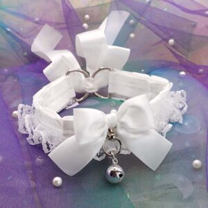 Angelic White Lace Kitten Play Collar – Coquette Bow Choker with Bell, Kawaii Cosplay Accessory