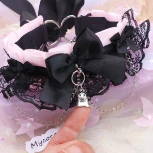 Ghostface Kitten Play Collar - Pastel Goth Spooky Kawaii Choker Necklace, Pink & Black Lace Bow with Chain Cute Little Ghost