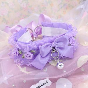 Lilac Kitten Play Collar, Flower Purple Lace Ruffle Choker Bow Bell, Fairy Core Necklace, Kawaii Pastel Petplay Kemonomimi Jewelry