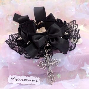 Goth Cross Kitten Play Collar, Black lace Spikes Choker, Bow Dark Gothic Kemonomimi Collar, Kittenplay Alternative Neko Cosplay Jewelry