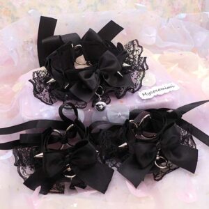 Spikes Black Kitten Pet Play Gear Collar and Cuffs Set, Lace Gothic Choker Bracelet with Bow Bell, Goth Jewelry Dark Anime Cosplay