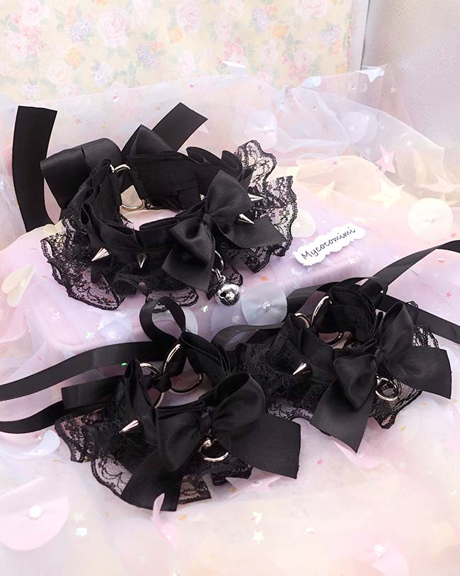 Spikes Black Kitten Pet Play Gear Collar and Cuffs Set, Lace Gothic Choker Bracelet with Bow Bell, Goth Jewelry Dark Anime Cosplay - Image 4