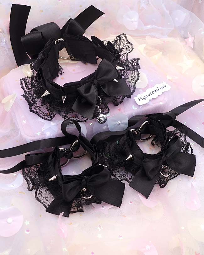 Spikes Black Kitten Pet Play Gear Collar and Cuffs Set, Lace Gothic Choker Bracelet with Bow Bell, Goth Jewelry Dark Anime Cosplay - Image 5