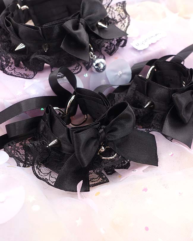 Spikes Black Kitten Pet Play Gear Collar and Cuffs Set, Lace Gothic Choker Bracelet with Bow Bell, Goth Jewelry Dark Anime Cosplay - Image 6