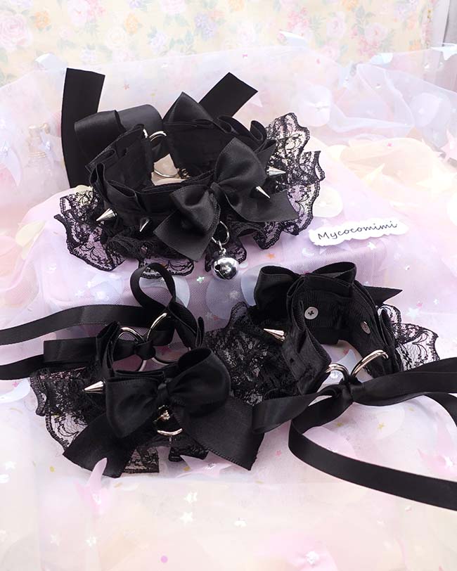 Spikes Black Kitten Pet Play Gear Collar and Cuffs Set, Lace Gothic Choker Bracelet with Bow Bell, Goth Jewelry Dark Anime Cosplay - Image 7