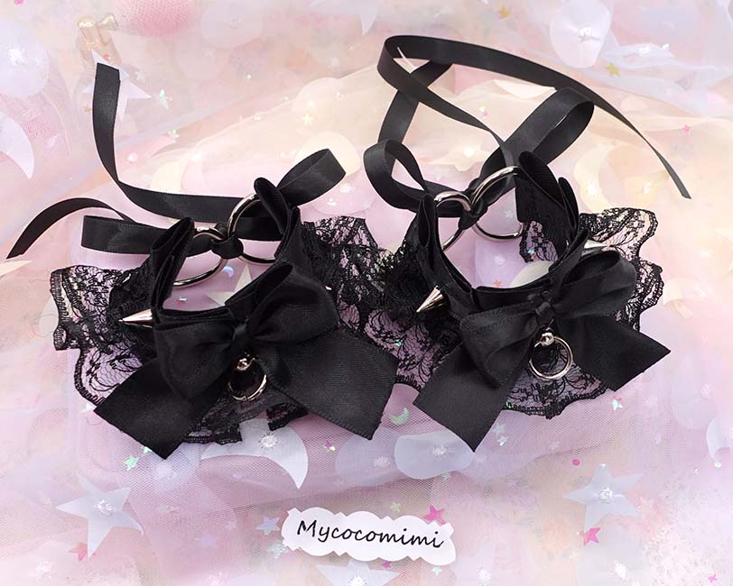 Spikes Black Lace Cuffs Bracelet, Kitten Pet Play Gear, Ruffle Bow Wristbands, Kawaii Goth Accessories, Alternative Jewelry, 2 Pcs Set - Image 2