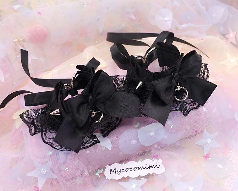Spikes Black Lace Cuffs Bracelet, Kitten Pet Play Gear, Ruffle Bow Wristbands, Kawaii Goth Accessories, Alternative Jewelry, 2 Pcs Set