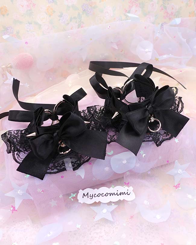 Spikes Black Lace Cuffs Bracelet, Kitten Pet Play Gear, Ruffle Bow Wristbands, Kawaii Goth Accessories, Alternative Jewelry, 2 Pcs Set - Image 4