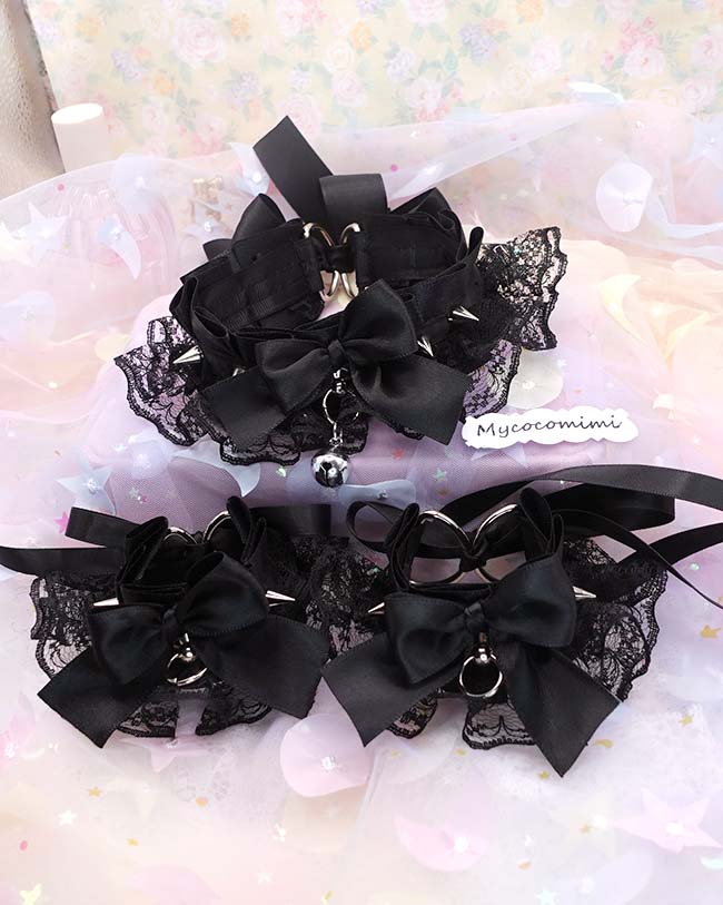 Spikes Black Kitten Pet Play Gear Collar and Cuffs Set, Lace Gothic Choker Bracelet with Bow Bell, Goth Jewelry Dark Anime Cosplay - Image 2
