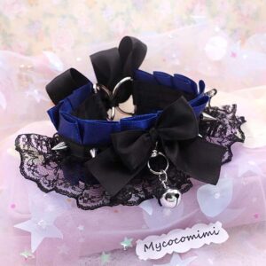 Spikes Kitten Play Collar, Navy Blue Black Lace Bow Bell Gothic Choker, Kawaii Goth Kittenplay Jewelry Kemonomimi Alternative