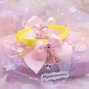 Yellow Kitten Play Collar Pink Lace, Pastel Kawaii Choker with Bell, Kemonomimi Cosplay Necklace, Rhinestone Bow Pearl Bell Jewelry Gift