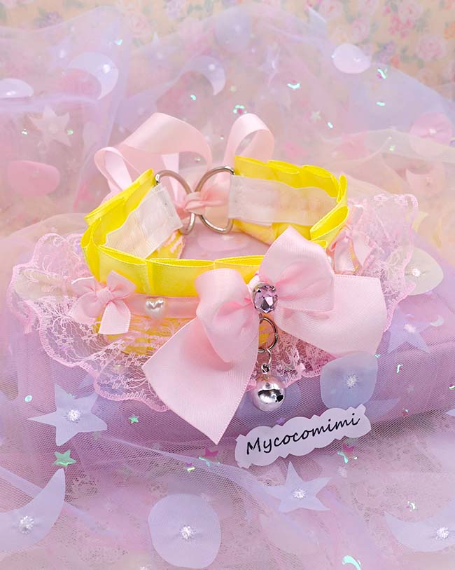 Yellow Kitten Play Collar Pink Lace, Pastel Kawaii Choker with Bell, Kemonomimi Cosplay Necklace, Rhinestone Bow Pearl Bell Jewelry Gift - Image 4