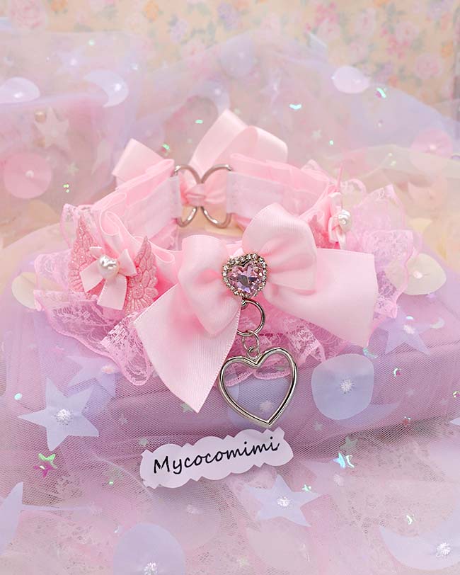 Angel Wing Kitten Play Collar with Pink Bow & Bling Heart Pendant, Lace Pastel Soft Goth Choker, DDLG Pet Play Kawaii Neko Jewelry - Image 5