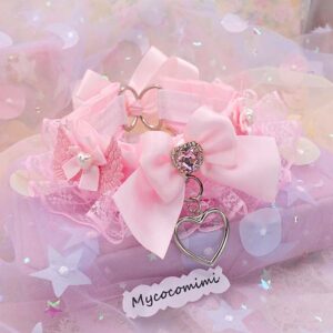 Angel Wing Kitten Play Collar with Pink Bow & Bling Heart Pendant, Lace Pastel Soft Goth Choker, DDLG Pet Play Kawaii Neko Jewelry
