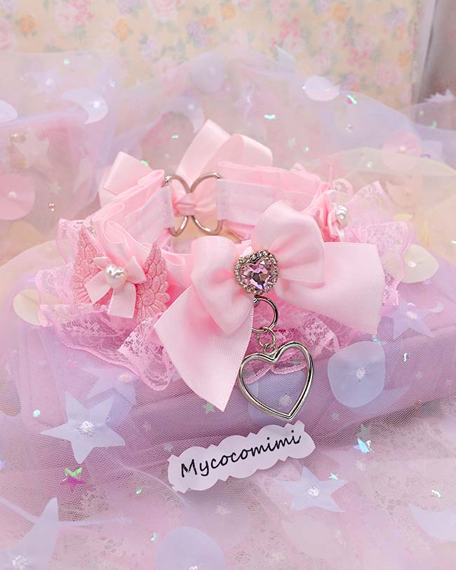 Angel Wing Kitten Play Collar with Pink Bow & Bling Heart Pendant, Lace Pastel Soft Goth Choker, DDLG Pet Play Kawaii Neko Jewelry