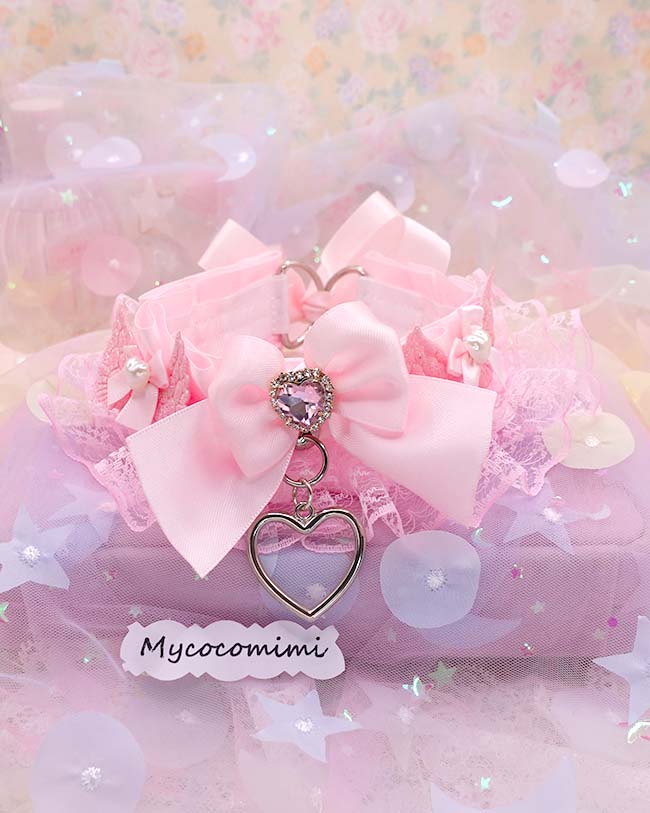 Angel Wing Kitten Play Collar with Pink Bow & Bling Heart Pendant, Lace Pastel Soft Goth Choker, DDLG Pet Play Kawaii Neko Jewelry - Image 3