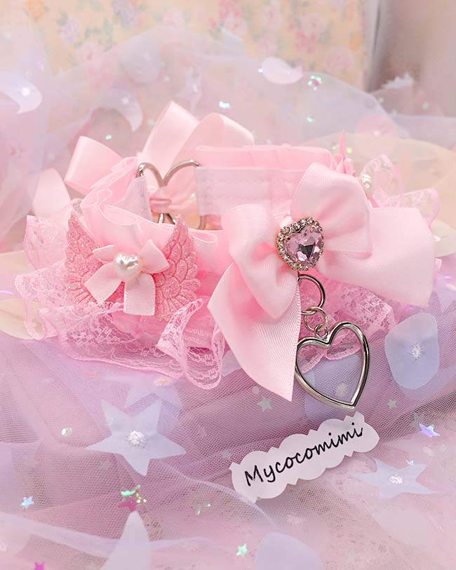 Angel Wing Kitten Play Collar with Pink Bow & Bling Heart Pendant, Lace Pastel Soft Goth Choker, DDLG Pet Play Kawaii Neko Jewelry - Image 4