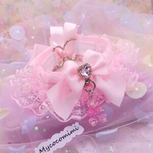 Gummy Bear Kitten Play Collar with Pink Bow Rhinestone Heart , Lace Pastel Soft Goth Choker, DDLG Pet Play Kawaii Neko Kemonomimi Jewelry