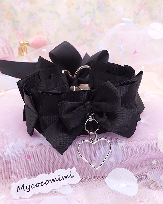 Heart Black White Kitten Play Collar, Bow Choker, Simple Kawaii Goth Pet Play Gear, Sub Anime Kemonomimi Necklace, Alternative Jewelry - Image 3
