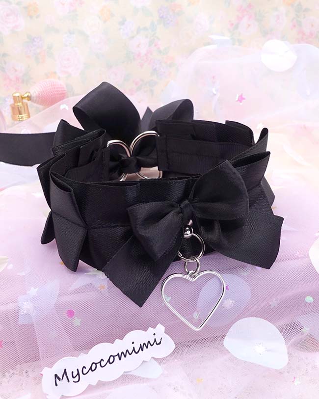 Heart Black White Kitten Play Collar, Bow Choker, Simple Kawaii Goth Pet Play Gear, Sub Anime Kemonomimi Necklace, Alternative Jewelry - Image 4