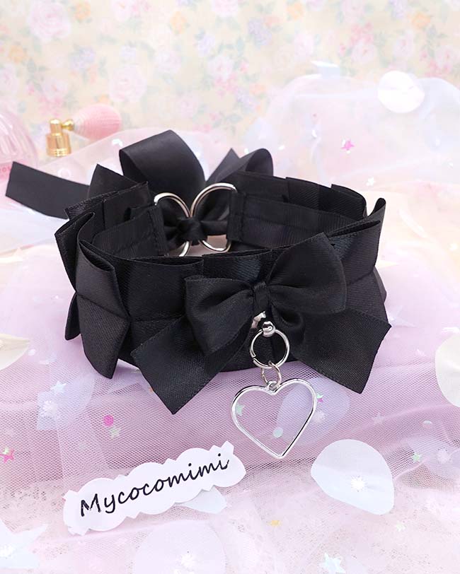 Heart Black White Kitten Play Collar, Bow Choker, Simple Kawaii Goth Pet Play Gear, Sub Anime Kemonomimi Necklace, Alternative Jewelry - Image 5