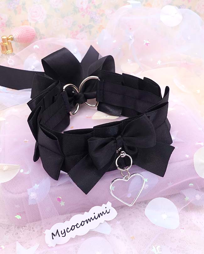 Heart Black White Kitten Play Collar, Bow Choker, Simple Kawaii Goth Pet Play Gear, Sub Anime Kemonomimi Necklace, Alternative Jewelry - Image 2