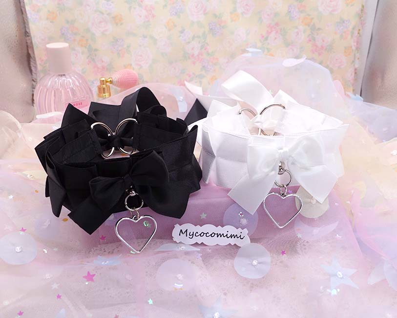Heart Black White Kitten Play Collar, Bow Choker, Simple Kawaii Goth Pet Play Gear, Sub Anime Kemonomimi Necklace, Alternative Jewelry - Image 9