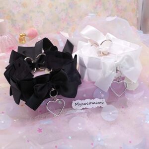 Heart Black White Kitten Play Collar, Bow Choker, Simple Kawaii Goth Pet Play Gear, Sub Anime Kemonomimi Necklace, Alternative Jewelry