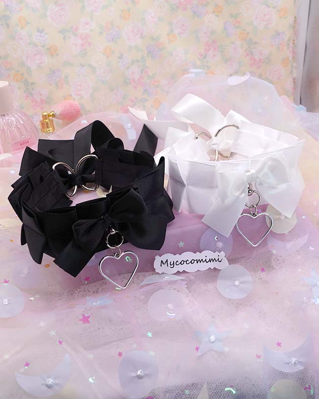 Heart Black White Kitten Play Collar, Bow Choker, Simple Kawaii Goth Pet Play Gear, Sub Anime Kemonomimi Necklace, Alternative Jewelry
