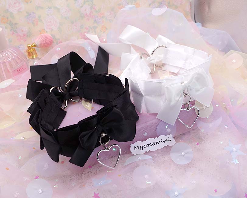 Heart Black White Kitten Play Collar, Bow Choker, Simple Kawaii Goth Pet Play Gear, Sub Anime Kemonomimi Necklace, Alternative Jewelry - Image 7