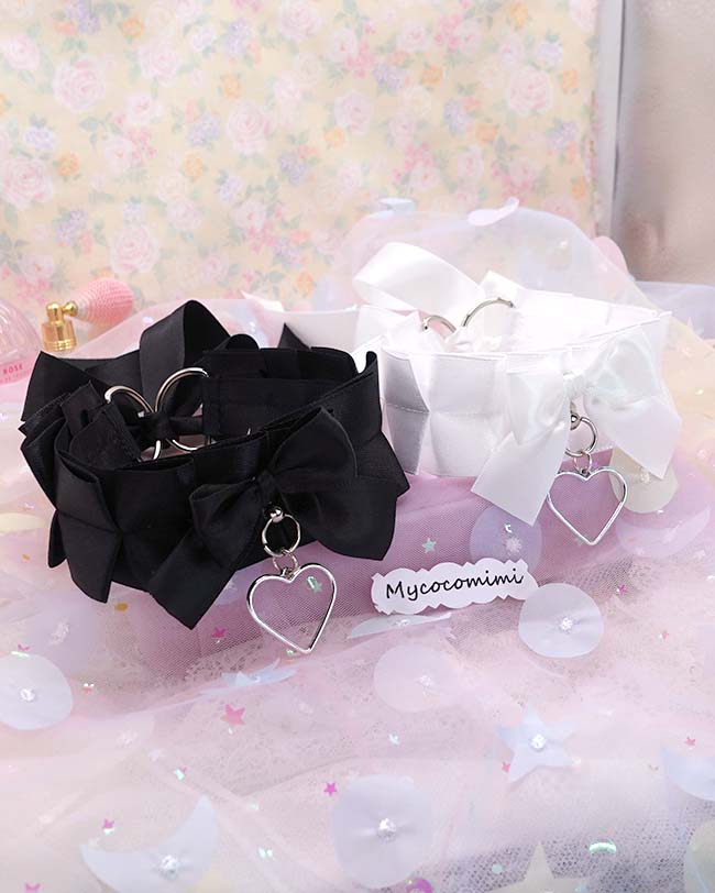 Heart Black White Kitten Play Collar, Bow Choker, Simple Kawaii Goth Pet Play Gear, Sub Anime Kemonomimi Necklace, Alternative Jewelry - Image 8