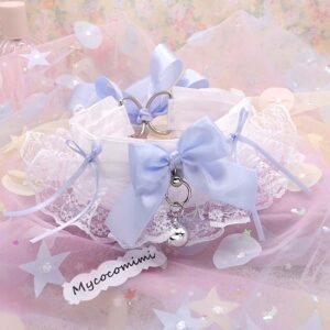 Angelic Kitten Play Collar, White Lace Blue Bow with Bell, Pastel Soft Goth Princess Choker, DDLG Pet Play Kawaii Neko Kemonomimi Jewelry