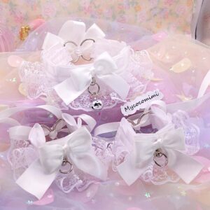 White Kitten Pet Play Gear Collar and Cuffs Set, Lace Gothic Choker Necklace Bracelet with Bow Bell, Soft Goth Jewelry Kawaii Fairy core