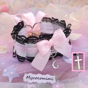 Kawaii Kitten Play Collar, Choose your style Moon / Cross / Bell, Black Lace Pink Bow, Pastel Soft Goth Princess Choker, Pet Play Jewelry