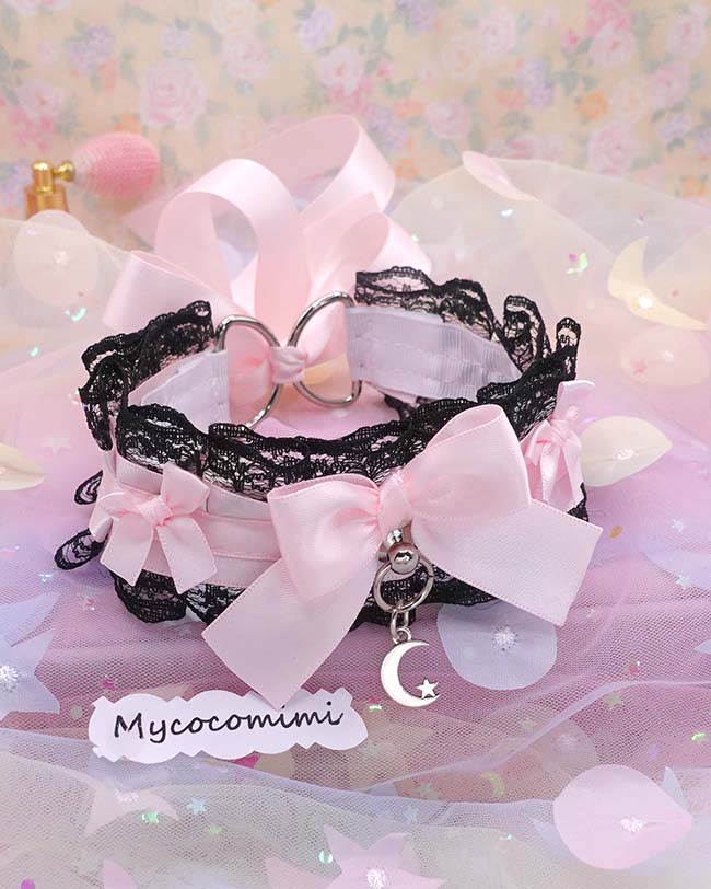 Little Crescent Moon Kitten Play Collar, Black Lace Pink Bow, Pastel Soft Goth Princess Choker, Kawaii Pet Play Jewelry - Image 2