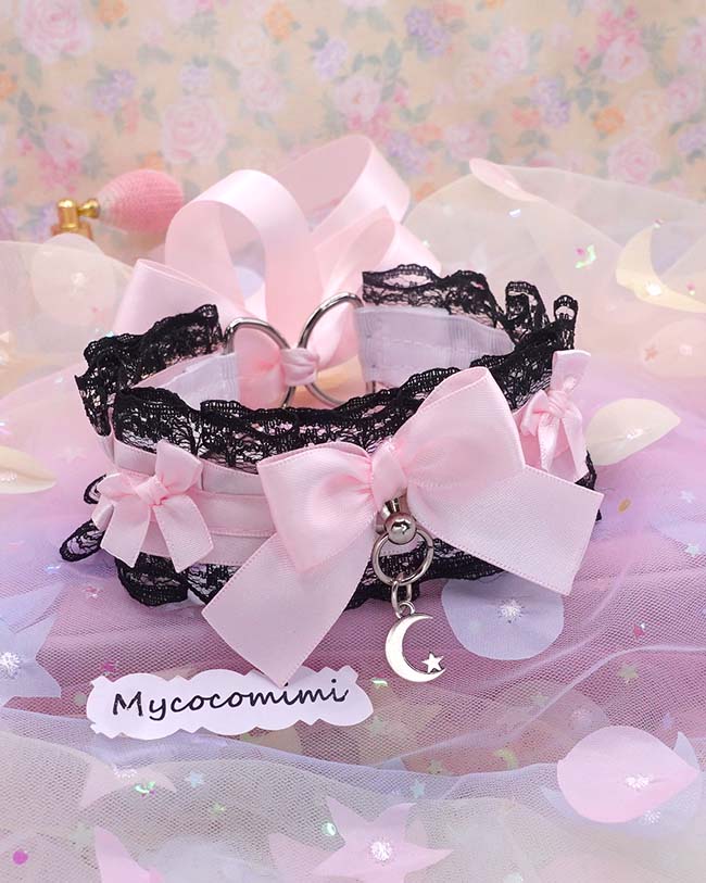 Little Crescent Moon Kitten Play Collar, Black Lace Pink Bow, Pastel Soft Goth Princess Choker, Kawaii Pet Play Jewelry - Image 3