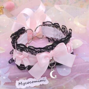 Little Crescent Moon Kitten Play Collar, Black Lace Pink Bow, Pastel Soft Goth Princess Choker, Kawaii Pet Play Jewelry