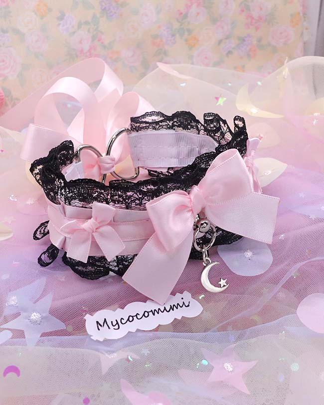 Little Crescent Moon Kitten Play Collar, Black Lace Pink Bow, Pastel Soft Goth Princess Choker, Kawaii Pet Play Jewelry - Image 5