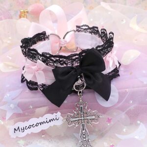 Cross Kitten Play Collar, Black Lace Pink Bow, Pastel Soft Goth Gothic Choker, Kawaii Pet Play Jewelry Accessories