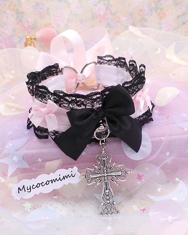 Cross Kitten Play Collar, Black Lace Pink Bow, Pastel Soft Goth Gothic Choker, Kawaii Pet Play Jewelry Accessories