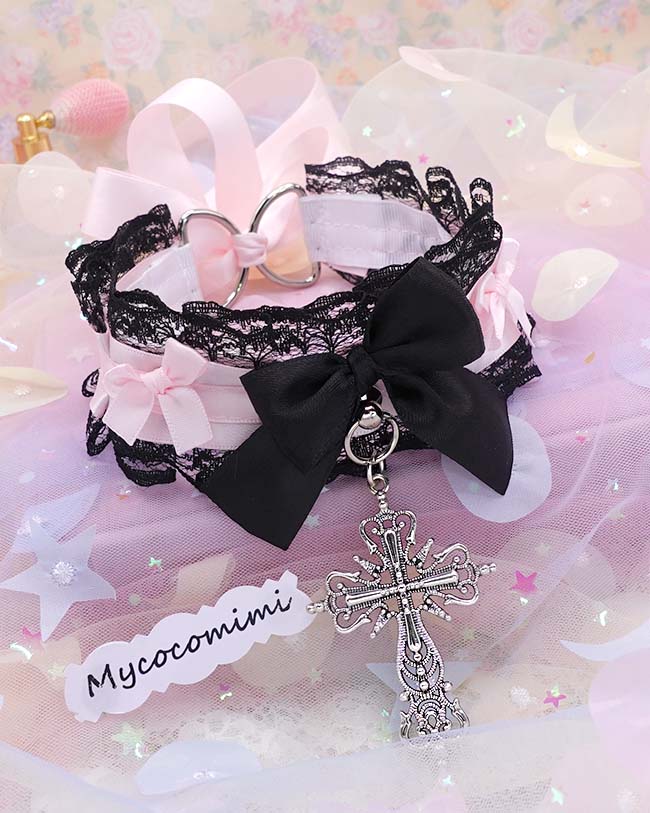 Cross Kitten Play Collar, Black Lace Pink Bow, Pastel Soft Goth Gothic Choker, Kawaii Pet Play Jewelry Accessories - Image 3