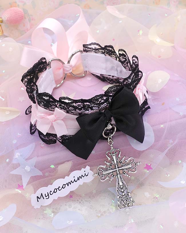 Cross Kitten Play Collar, Black Lace Pink Bow, Pastel Soft Goth Gothic Choker, Kawaii Pet Play Jewelry Accessories - Image 4
