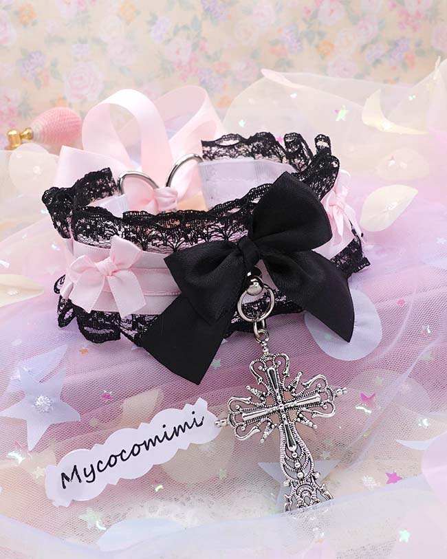 Cross Kitten Play Collar, Black Lace Pink Bow, Pastel Soft Goth Gothic Choker, Kawaii Pet Play Jewelry Accessories - Image 5