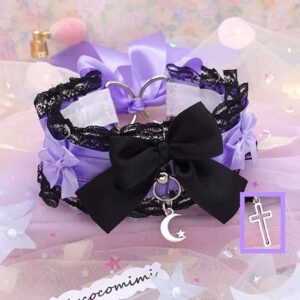 Kawaii Kitten Play Collar, Choose your style Moon / Cross / Bell, Purple Bow Black Lace, Pastel Soft Goth Princess Choker, Pet Play Jewelry