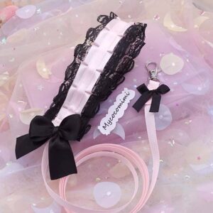 Pink Black Lace Kitten Play Leash for Adults, Cute Bow Pet Play Leash, Ruffled Submissive DDLG Collar Leash, Soft Goth Role Play Accessory