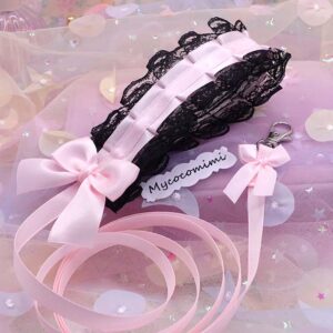 Black Lace Kitten Play Leash for Adults, Cute Pink Bow Pet Play Leash, Ruffled Submissive DDLG Collar Leash, Soft Goth Role Play Accessory
