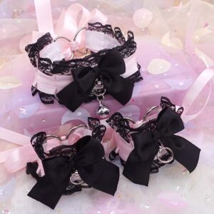 Pink Black Lace Collar and Cuffs Set, Kitten Play Gear, Kawaii Bow Coquette Choker, Kittenplay Accessories, Pastel Goth Lolita Wrist Cuffs