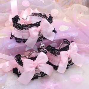 Black Lace Collar and Cuffs Set, Pink Bow Kitten Play Gear, Kawaii Bow Coquette Choker, Kittenplay Accessories, Pastel Goth Wrist Cuffs